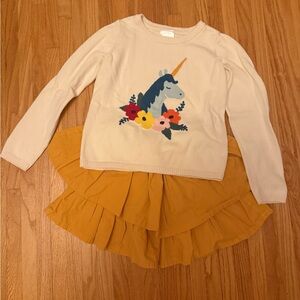 Hanna Andersson Set Cream Sweater with Unicorn and Mustard Tier Skirt